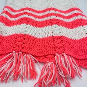 Handmade Afghan Lap Blanket White Bright Pink Crochet 46" X‎ 59" Tassels Fringe